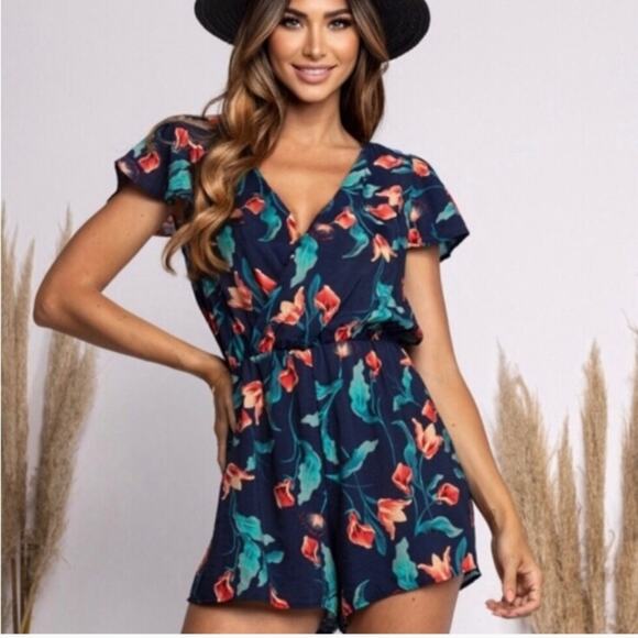 Ces Femme Women's Flutter Sleeve Surplice Shorts Romper in Blue & Coral Floral - Picture 13 of 13